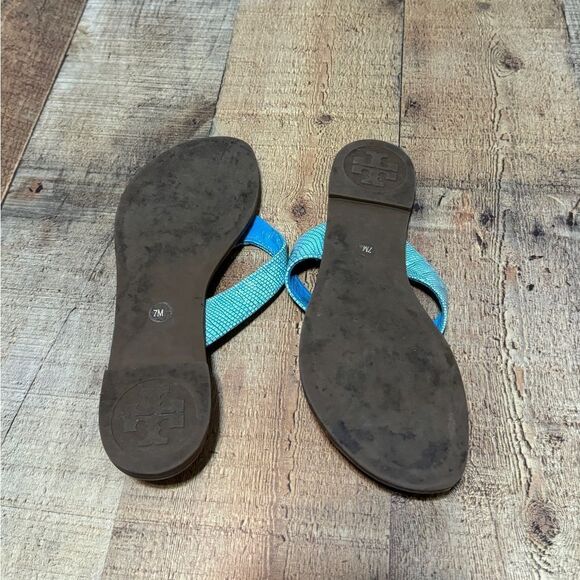 Tory Burch Blue Patent THORA Gold Logo Flip Flop Sandal US 7 M - Picture 4 of 14